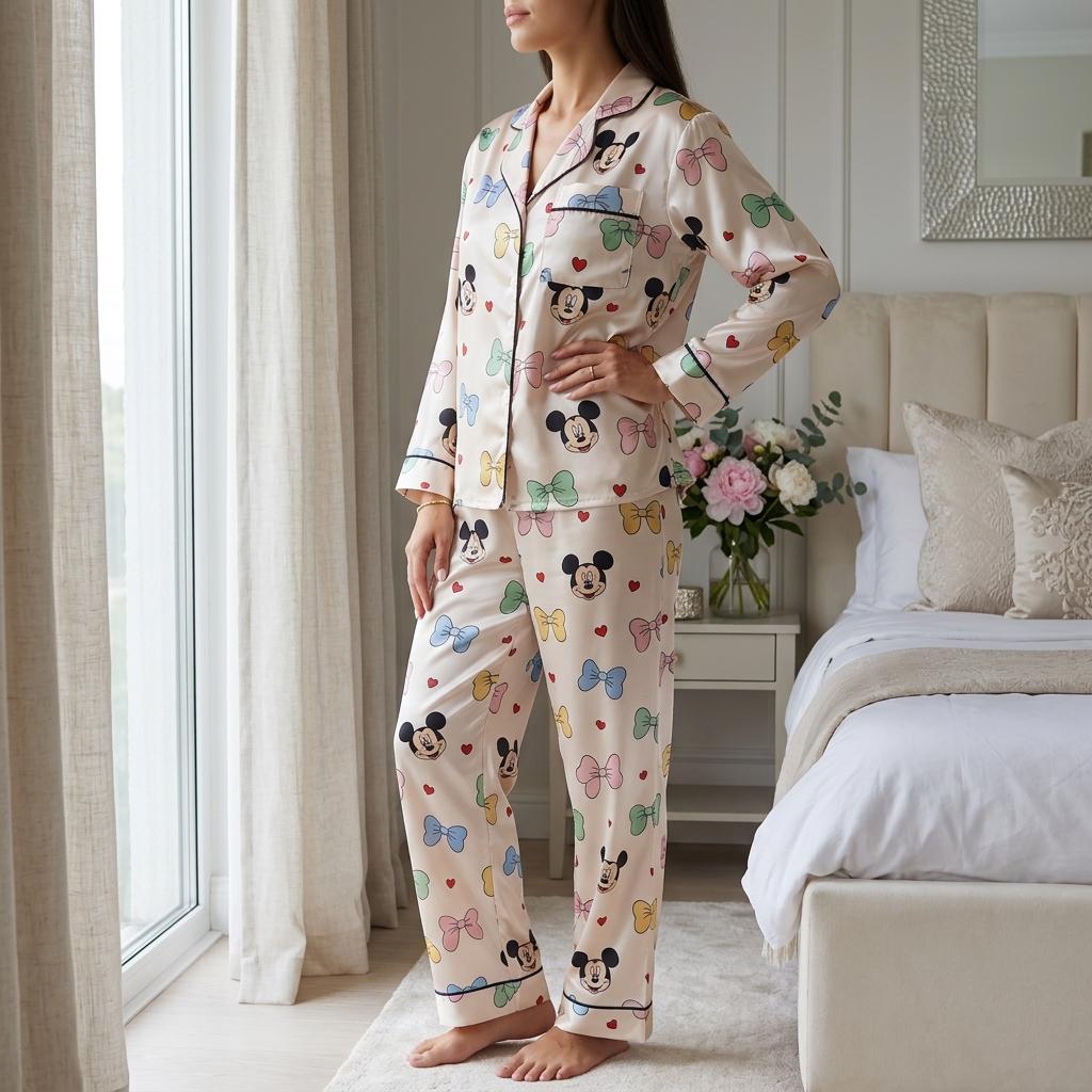 Coquette Mickey Mouse Satin Pajamas Set, Disney Mickey Pajamas, Disney World Loungewear, Mickey and Colorful Bows Sleepwear, Coquette Pajama