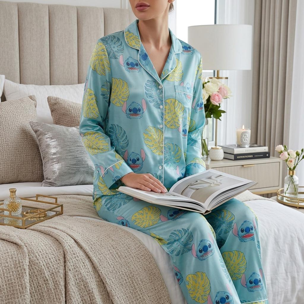 Disney Stitch Satin Pajamas Set, Tropical Stitch Pajamas, Disneyland Family Trip Pajamas, Magic Kingdom Pajamas, Disney Matching Pajamas Set