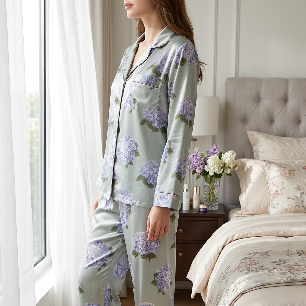 Hydrangea Bridesmaid Satin Pajamas Set, Bridesmaid Pajamas, Bachelorette Party, Bride Pajamas, Blue Floral Bridesmaid, Getting Ready Gifts