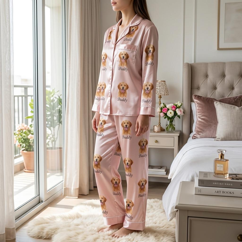 Custom Photo & Name Pet Satin Pajamas Set, Personalized Dog Face Sleepwear, Matching Family Pajamas, Custom Pet Face Pajama, Cat Face Pajama