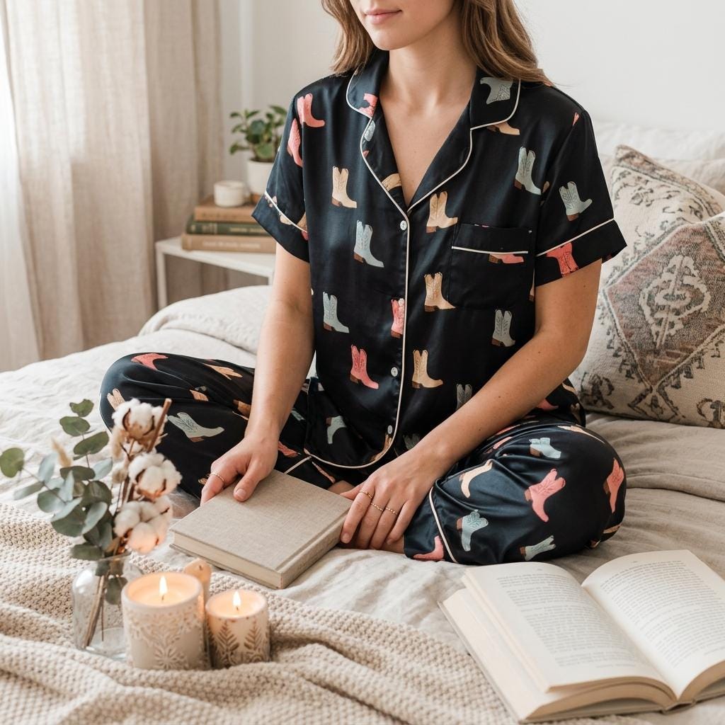 Cowboy Boot Satin Pajamas Set, Texas Boots Style Pajamas, Western Pajamas, Cowboy Pajamas, Cowgirl Boots Pajamas, Girly Matching Pajamas Set