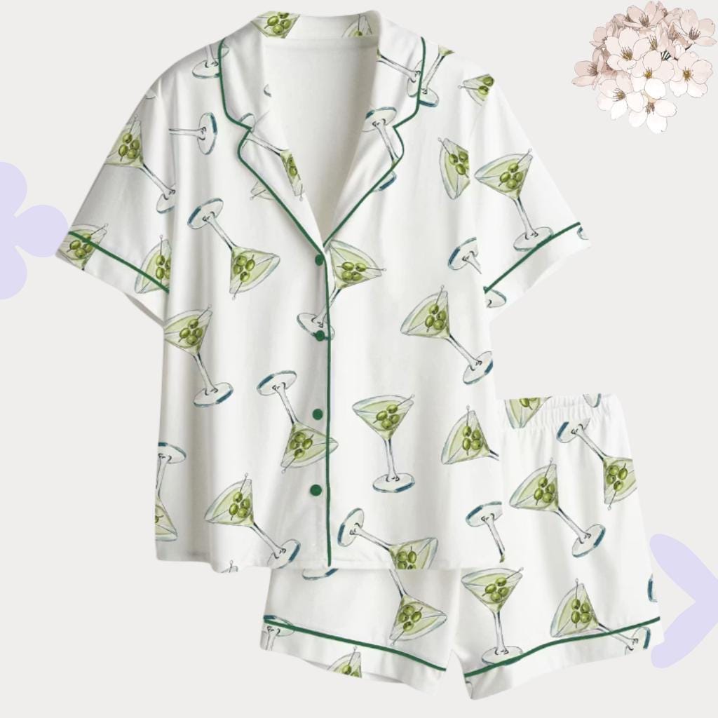 Martini Pajama Set, Olive Cocktail PJS– Bachelorette Party , Bridesmaid Pjs, Girls Trip Outfit