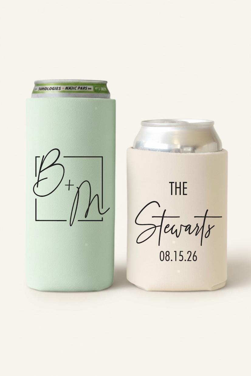 Slim & Regular Custom Wedding Can Coolers, Personalized Cozies, Monogrammed Wedding Favors