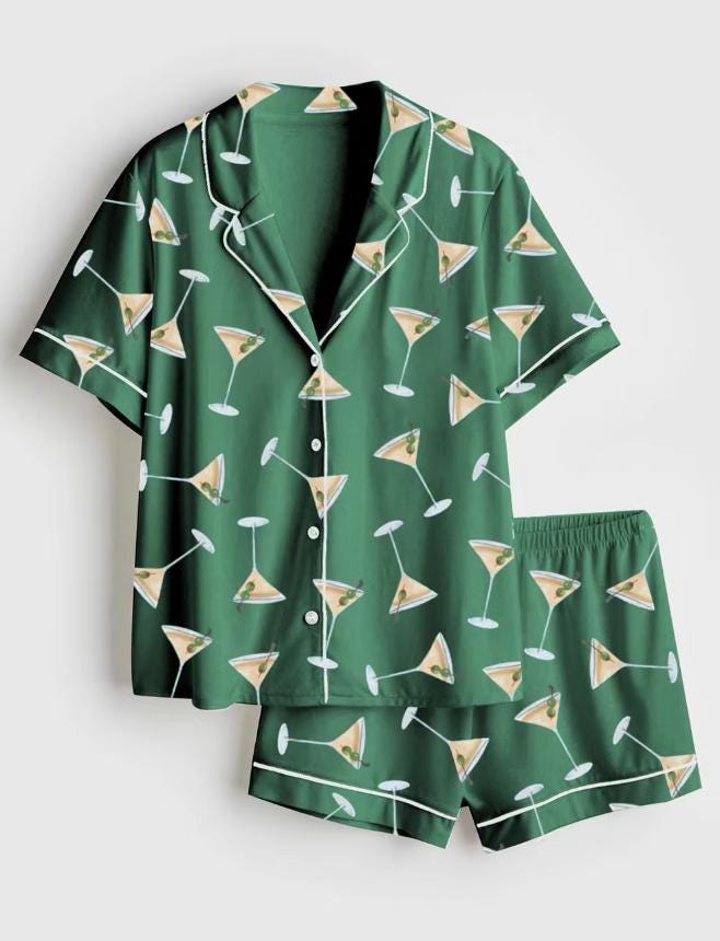 Cocktail Pajamas – Dirty Martini Pajamas Olive Green Sleepwear – Bridesmaid Pajama Set Girls Trip pjs