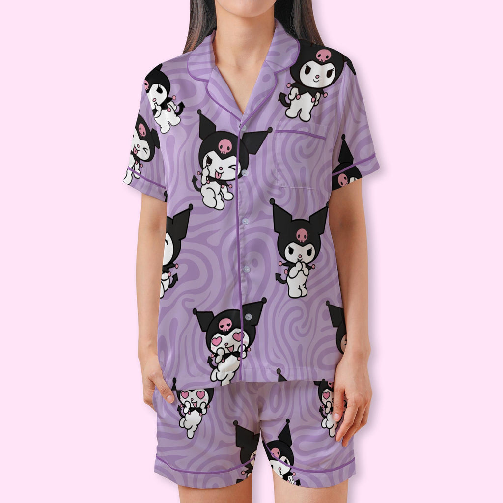 Cute Gothic Purple Bunny Pajamas Set, Cozy Button Down Sleepwear For Family, Classic Kawaii Purple Pajamas, Cute Slumber Party Gifts