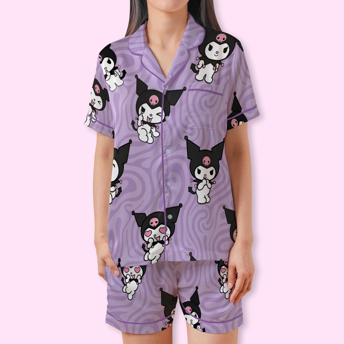 Cute Gothic Purple Bunny Pajamas Set, Cozy Button Down Sleepwear For Family, Classic Kawaii Purple Pajamas, Cute Slumber Party Gifts