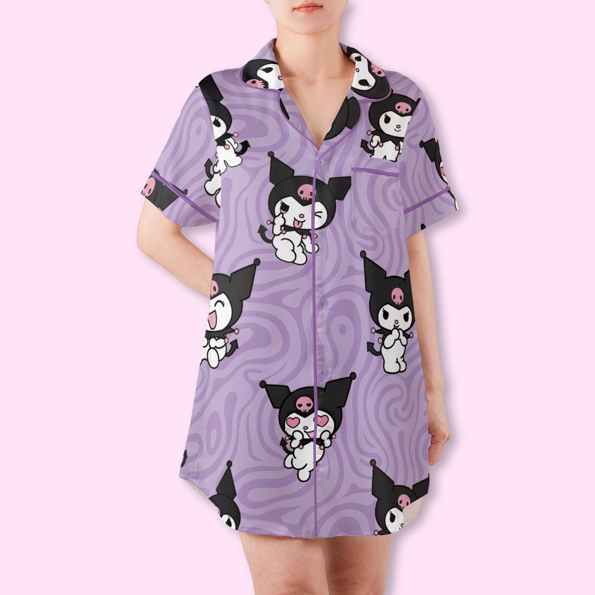 Cute Gothic Purple Bunny Pajamas Set, Cozy Button Down Sleepwear For Family, Classic Kawaii Purple Pajamas, Cute Slumber Party Gifts