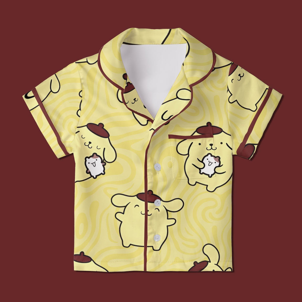 Cute Yellow Puppy Pajamas Set, Kawaii Beret Dog Sleepwear For Family, Pastel Yellow Swirl Pajamas, Slumber Party Gifts