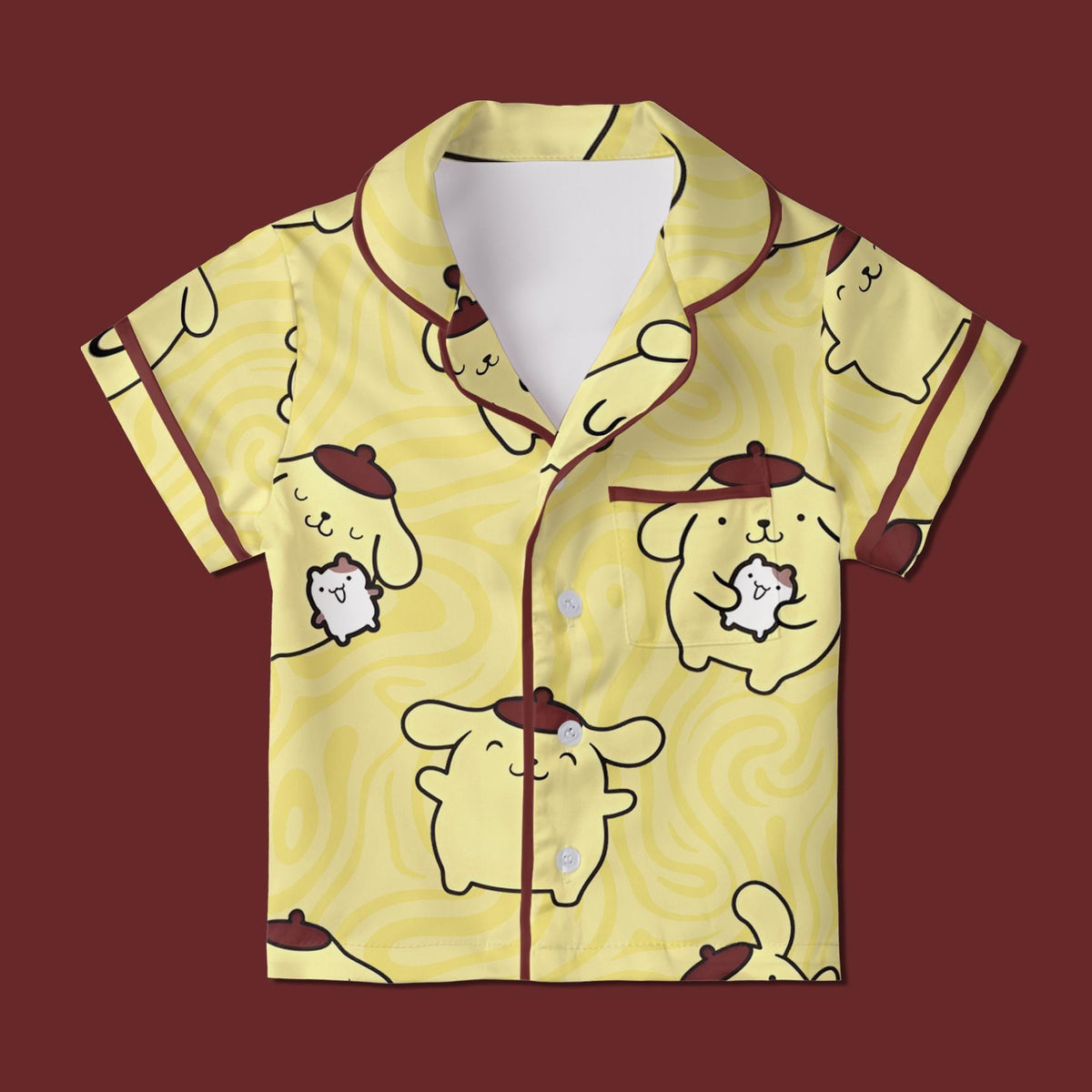 Cute Yellow Puppy Pajamas Set, Kawaii Beret Dog Sleepwear For Family, Pastel Yellow Swirl Pajamas, Slumber Party Gifts