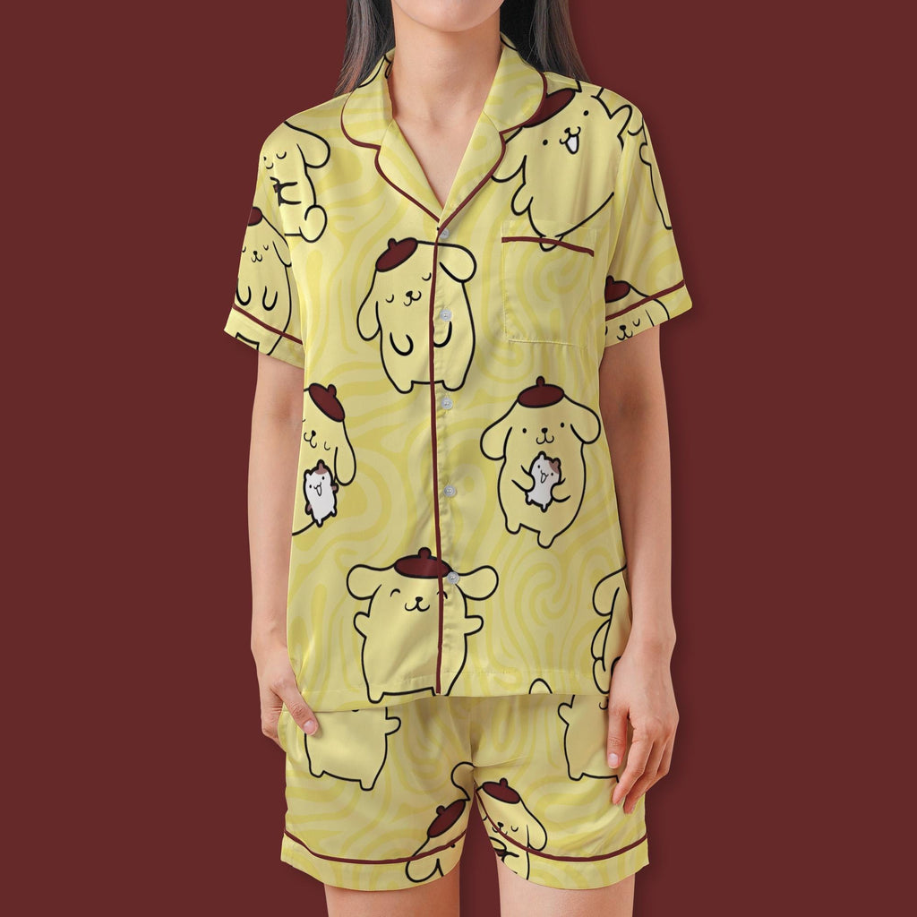 Cute Yellow Puppy Pajamas Set, Kawaii Beret Dog Sleepwear For Family, Pastel Yellow Swirl Pajamas, Slumber Party Gifts