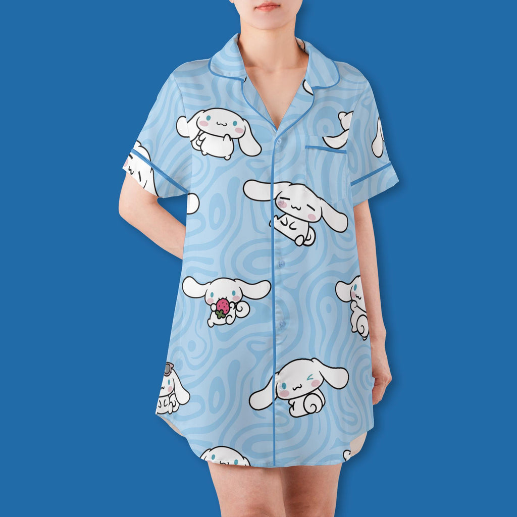Cute White Puppy Pajamas Set, Kawaii Floppy Ear Dog Sleepwear For Family, Pastel Blue Swirl Pajamas, Sweet Slumber Party, Puppy Shirt Dress
