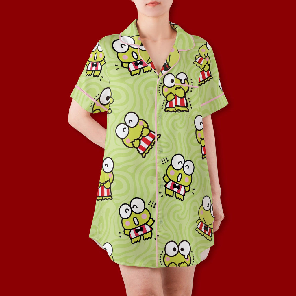 Cute Green Frog Pajamas Set, Kawaii Animal Sleepwear For Family, Pastel Green Swirl Pajamas, Sweet Slumber Party Gifts, Frog Shirt Dress