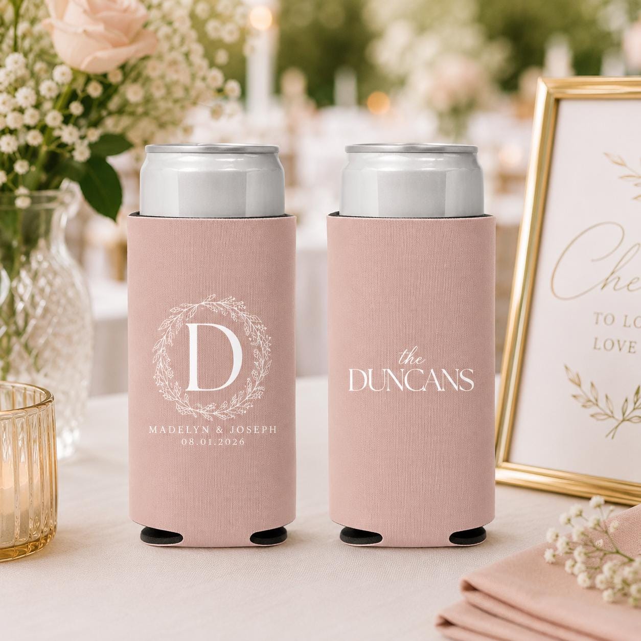 Personalized Slim Can Coolers for Weddings and Bachelorette Parties Custom Skinny Can Drink Sleeves Bulk Modern Party Favors