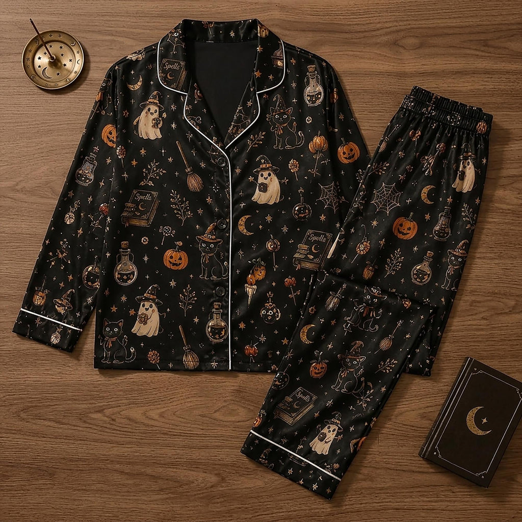 Spooky Cute Halloween Satin Pajama Set, Witchy Ghost Black Cat PJ Set, Gothic Whimsical Goth Sleepwear Gift Her