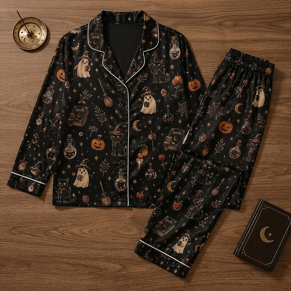 Spooky Cute Halloween Satin Pajama Set, Witchy Ghost Black Cat PJ Set, Gothic Whimsical Goth Sleepwear Gift Her