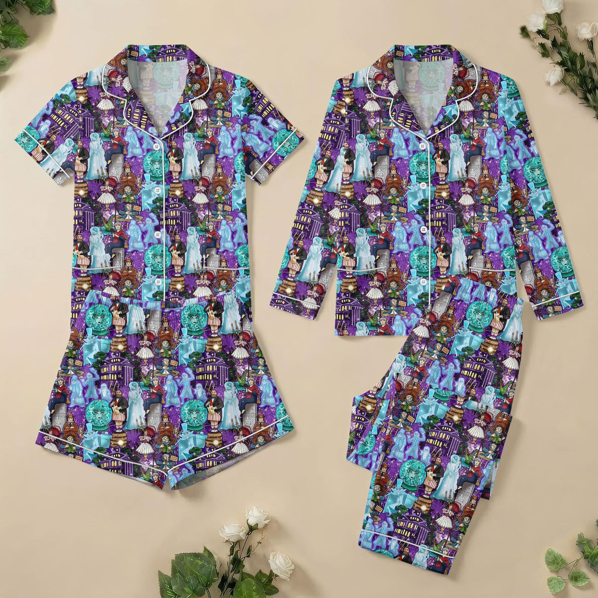 Haunted Mansion Purple Ghost Pajamas, Disney Haunted Mansion Sleepwear, Spooky Ride Lounge Pjs Gift For Her, Theme Park Group Pjs