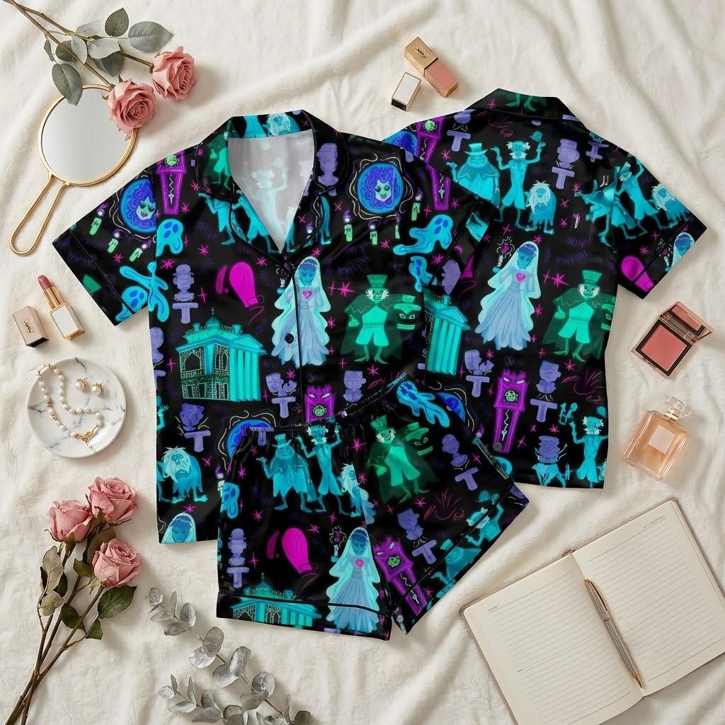 Disney Haunted Mansion Pajama Set, Ghostly Mansion Character Sleepwear, Spooky Theme Button Pajamas, Halloween Loungewear For Disney Fans