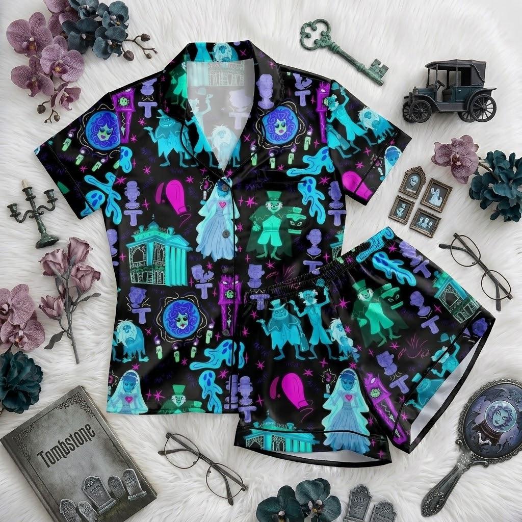 Disney Haunted Mansion Pajama Set, Ghostly Mansion Character Sleepwear, Spooky Theme Button Pajamas, Halloween Loungewear For Disney Fans