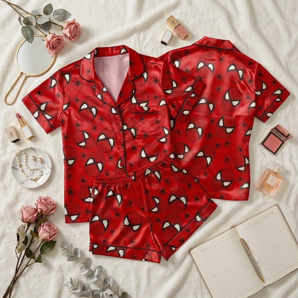 Spiderman Superhero Pajama Set, Comic Book Inspired Sleepwear, Spider Hero Button Pajamas, Marvel Style Loungewear Gift For Adults