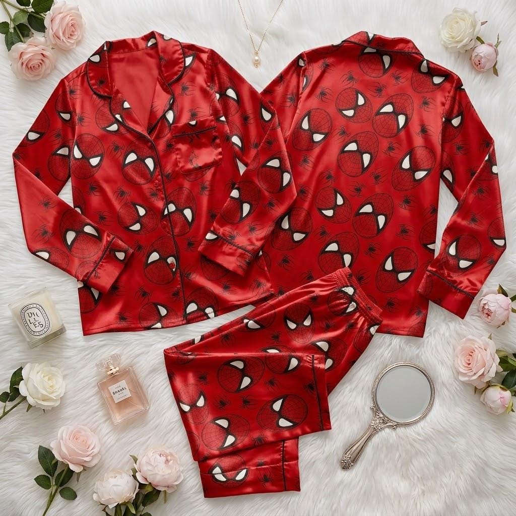 Spiderman Superhero Pajama Set, Comic Book Inspired Sleepwear, Spider Hero Button Pajamas, Marvel Style Loungewear Gift For Adults