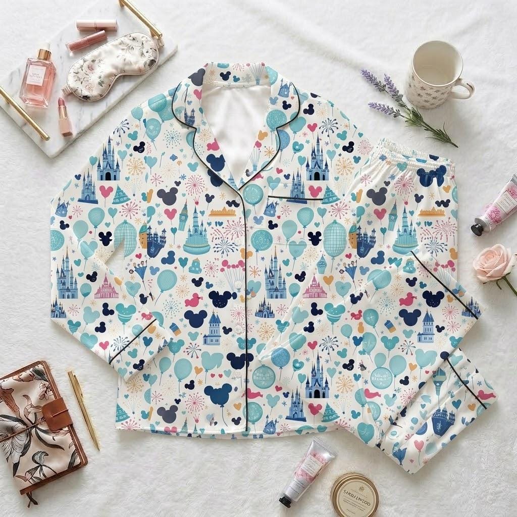 Disneyland Icons Pajama Set, Castle Balloon Park Snacks Button Pajamas, Magical Theme Park Sleepwear, Disney Vacation Loungewear Gift