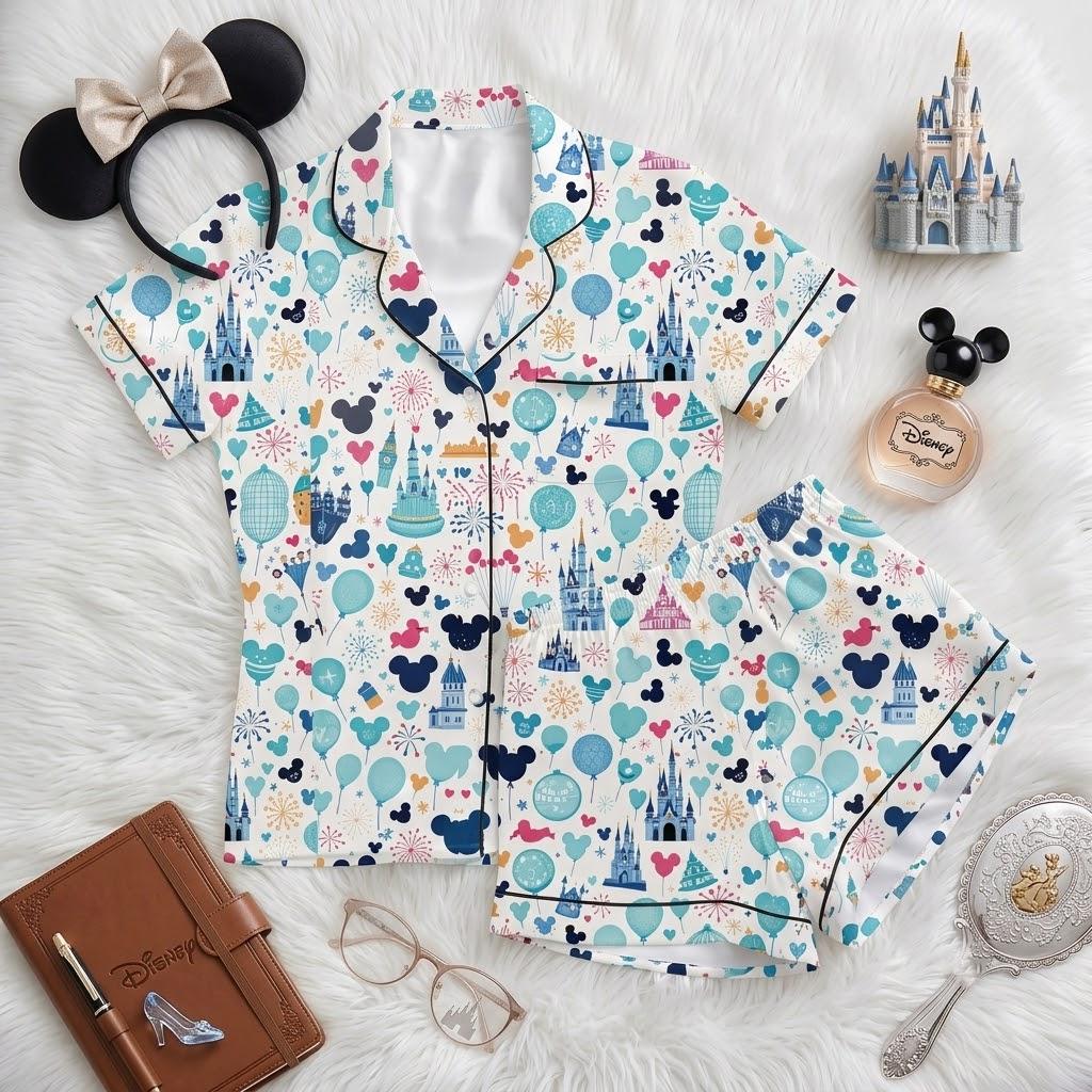 Disneyland Icons Pajama Set, Castle Balloon Park Snacks Button Pajamas, Magical Theme Park Sleepwear, Disney Vacation Loungewear Gift