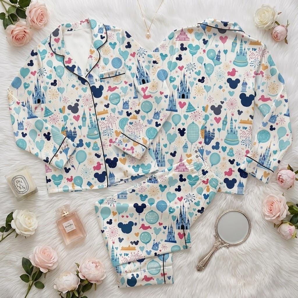Disneyland Icons Pajama Set, Castle Balloon Park Snacks Button Pajamas, Magical Theme Park Sleepwear, Disney Vacation Loungewear Gift