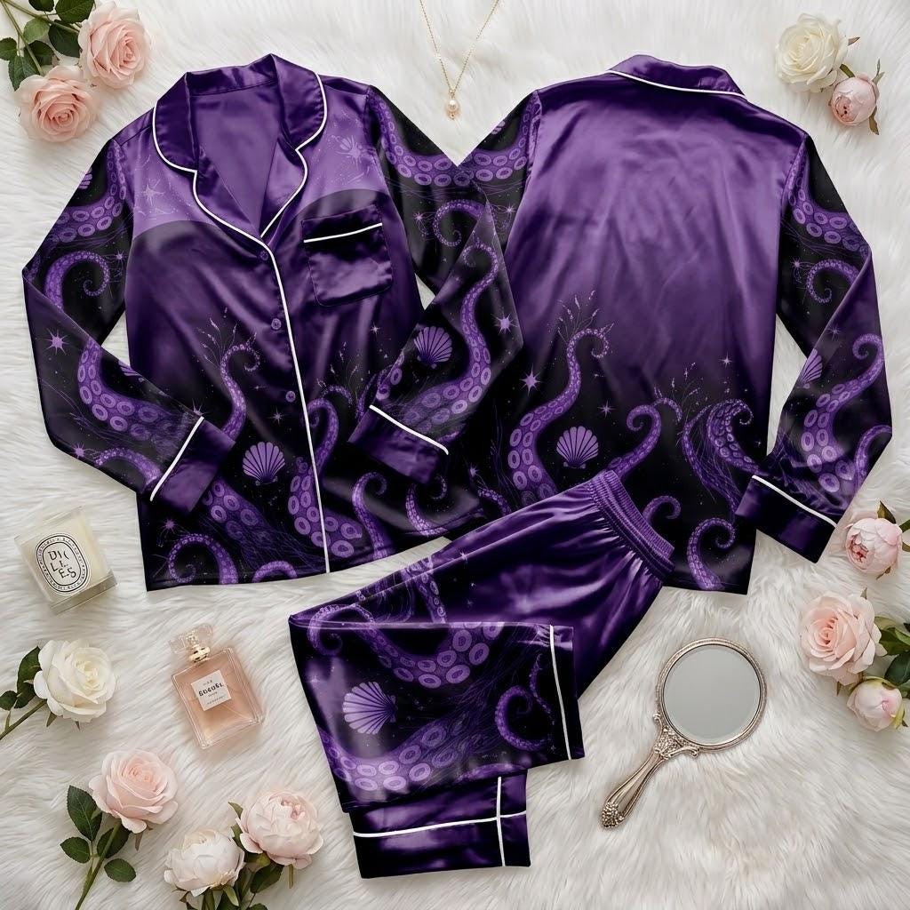 Disney Ursula Halloween Pajama Set, Sea Witch Villain Sleepwear, Spooky Disney Button Pajamas, Halloween Night Loungewear Gift