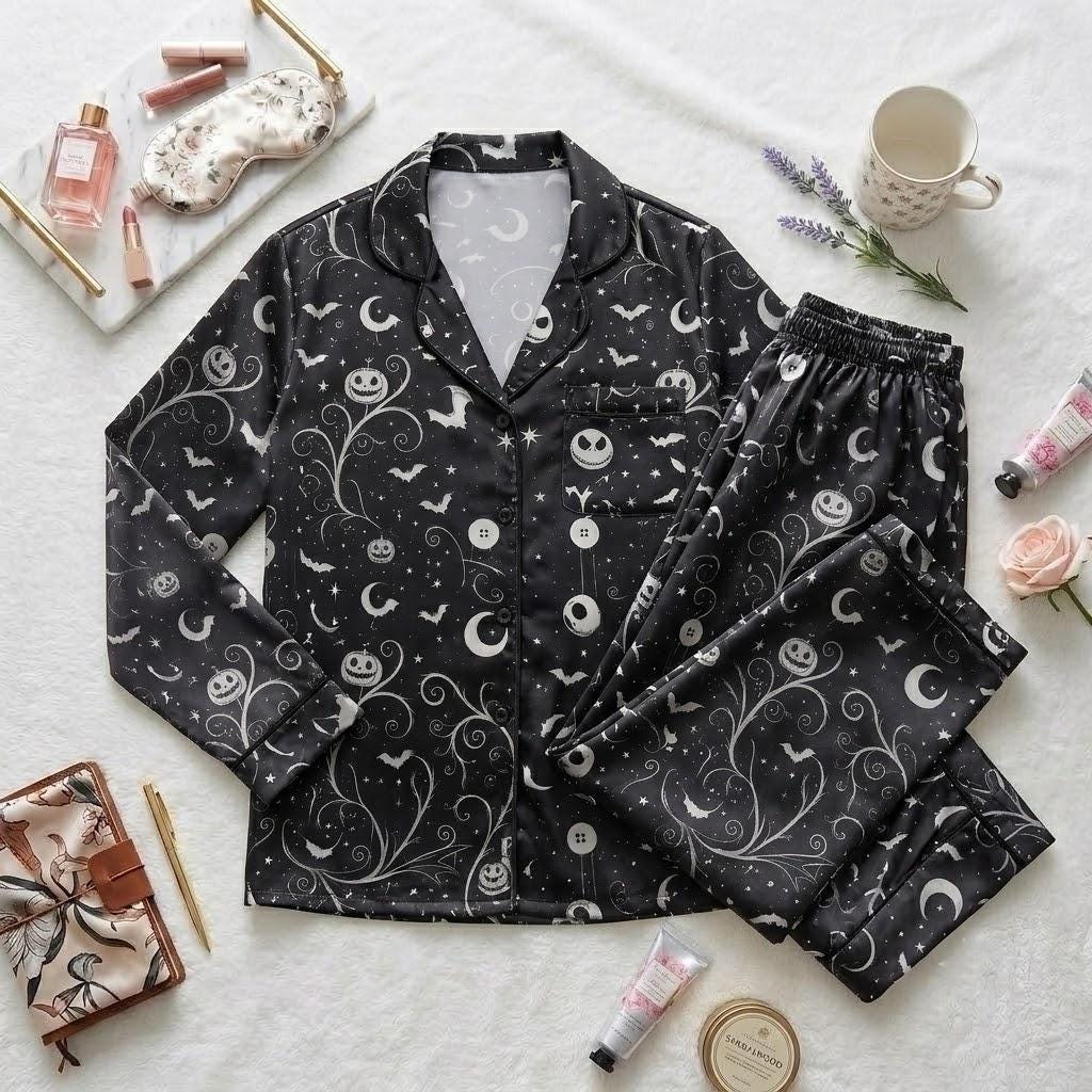 Jack Skellington Halloween Pajama Set, Disney Nightmare Before Christmas Sleepwear, Pumpkin King Button Pajamas, Spooky Family Loungewear