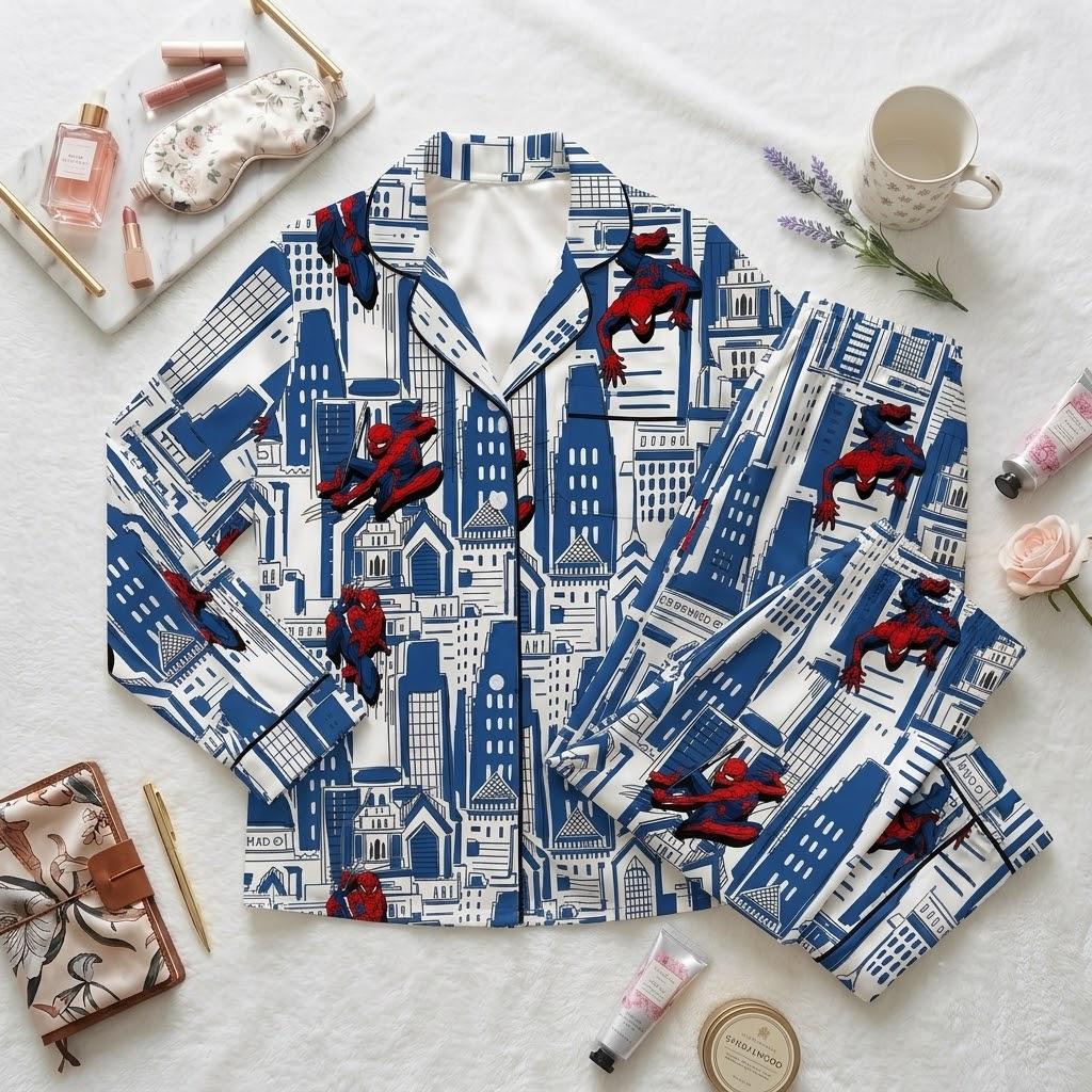 Swing Into Bed With Spiderman Pajamas, Superhero Cartoon Sleepwear Set, Comic Inspired Button Pajamas, Everyday Loungewear Gift