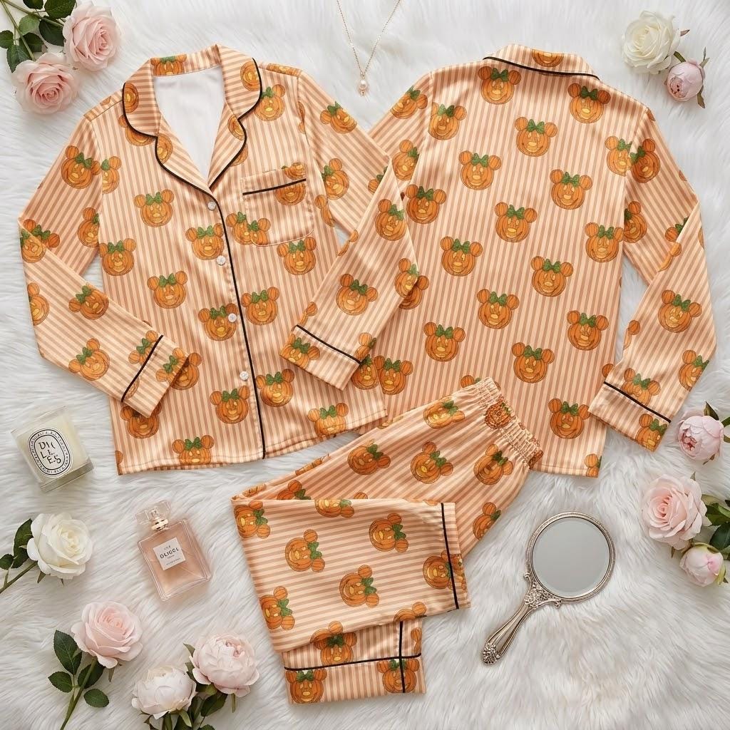 Disney Mickey Minnie Halloween Pajama Set, Pumpkin Striped Character Sleepwear, Matching Button Pajamas, Festive Fall Loungewear