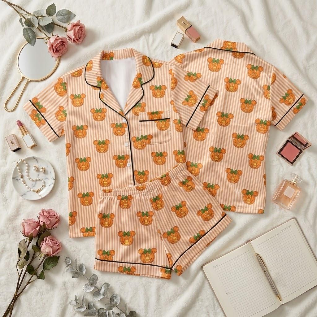 Disney Mickey Minnie Halloween Pajama Set, Pumpkin Striped Character Sleepwear, Matching Button Pajamas, Festive Fall Loungewear