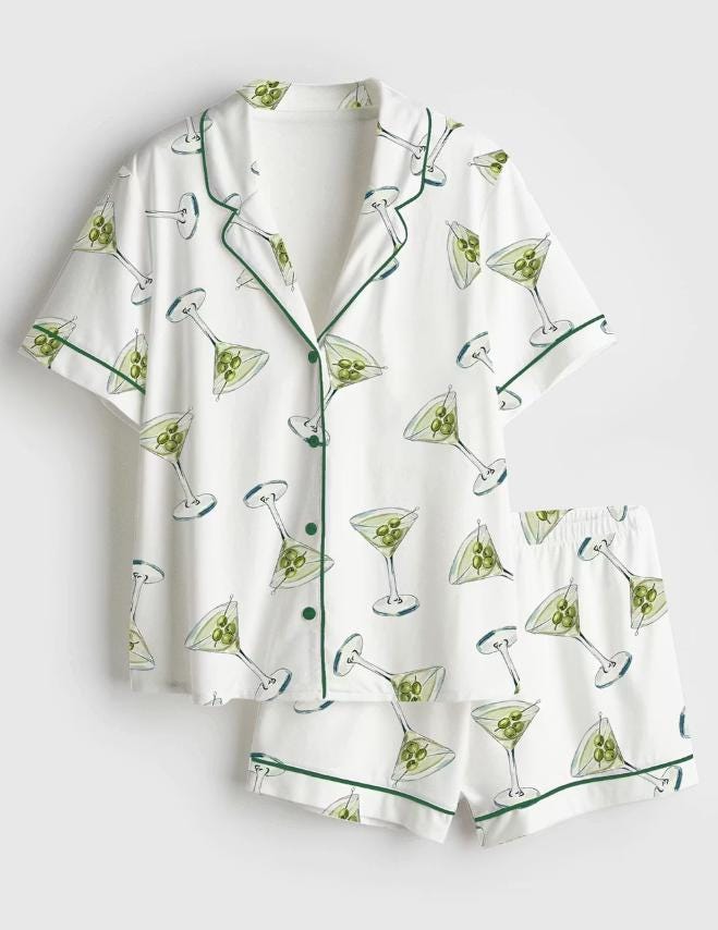 Martini Pajamas - Olive Cocktail Short PJ Set - Bachelorette Party Pajamas, Girls Trip Sleepwear