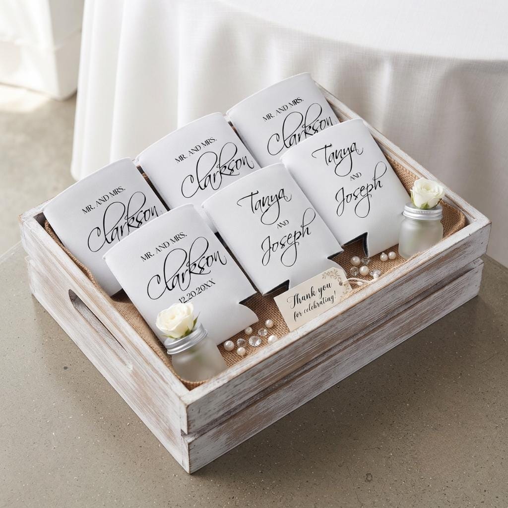Mr and Mrs Wedding Can Coolers Personalized Wedding Favors for Guests Bride and Groom Reception Drink Holders