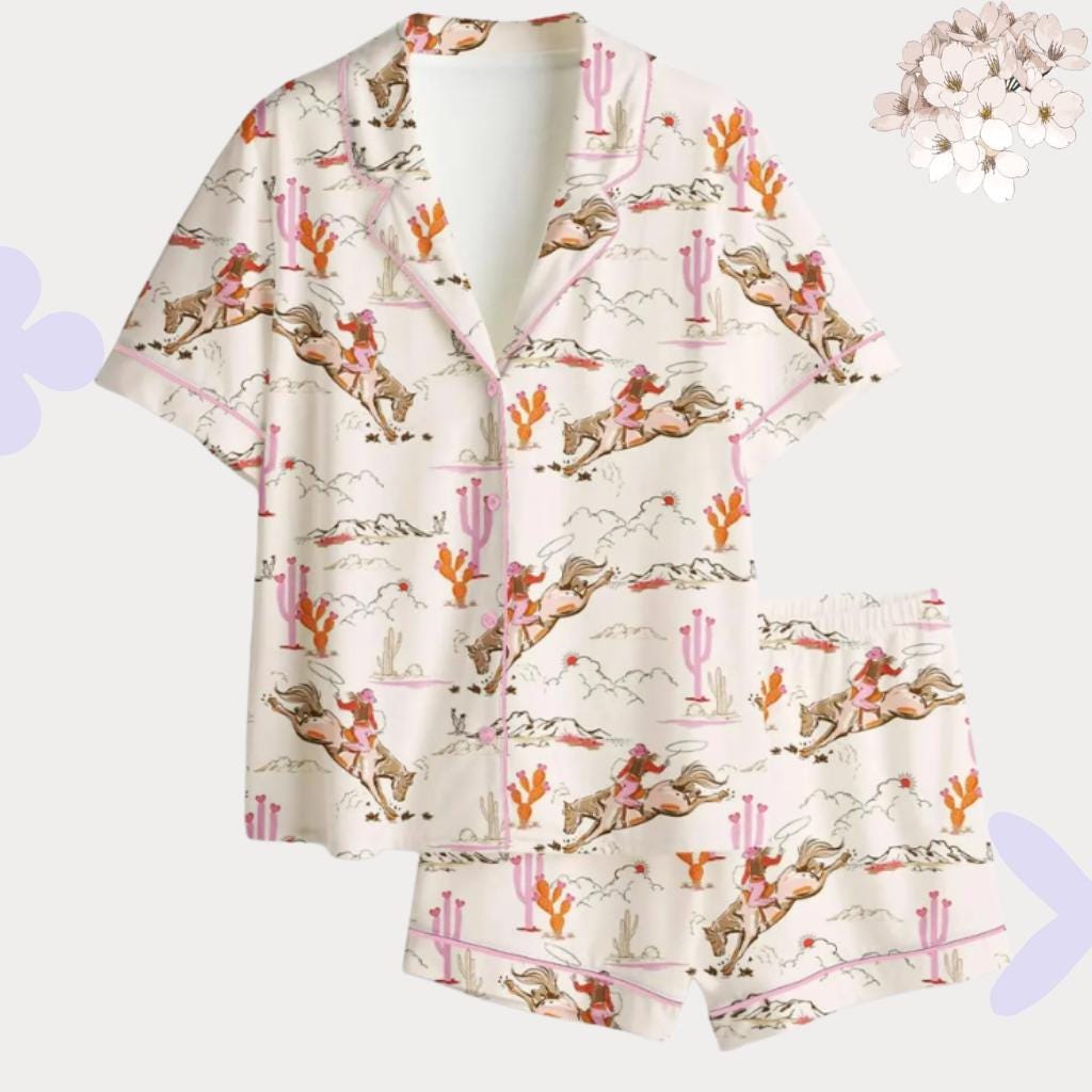 Western Pajamas – Pink Cactus Horse Sleepwear – Bridesmaid Proposal, Girls Trip Sleepover Pjs, Cowgirl Pjs