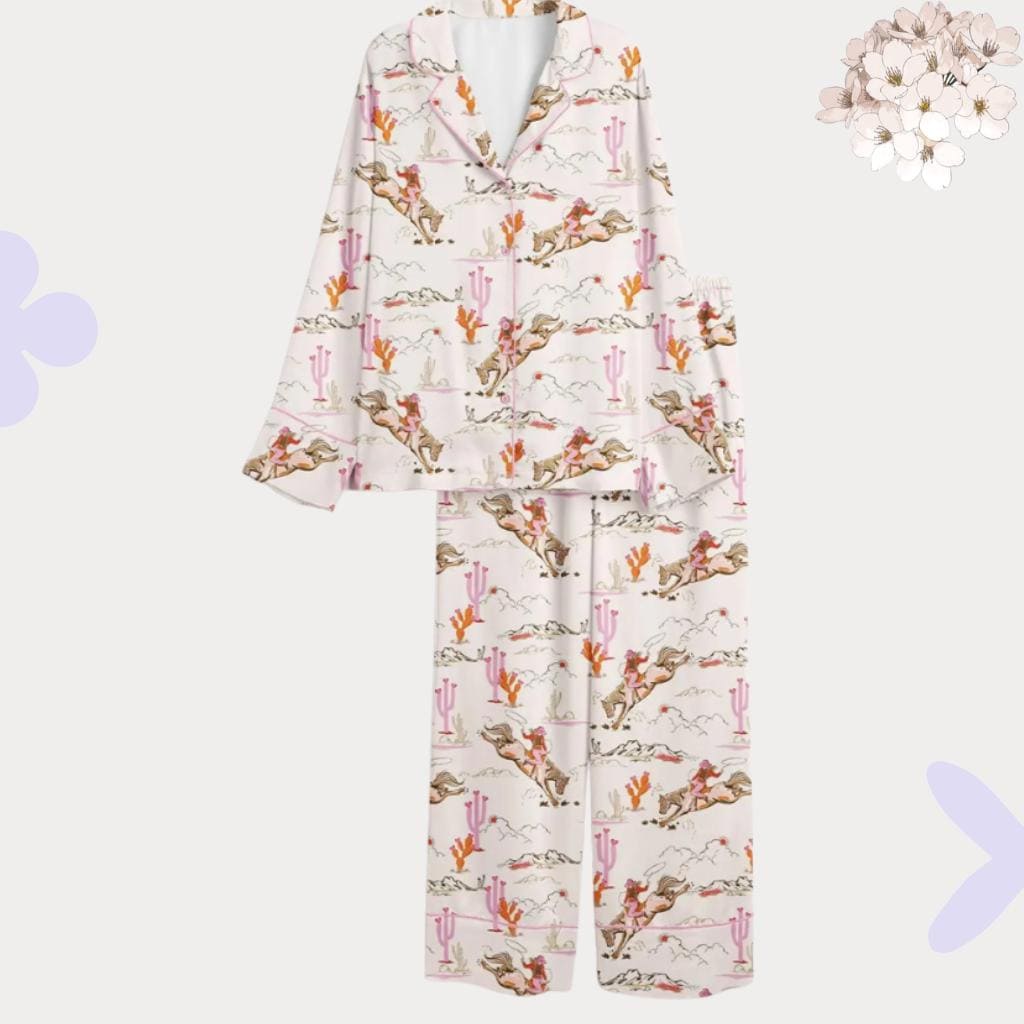 Western Pajamas – Pink Cactus Horse Sleepwear – Bridesmaid Proposal, Girls Trip Sleepover Pjs, Cowgirl Pjs