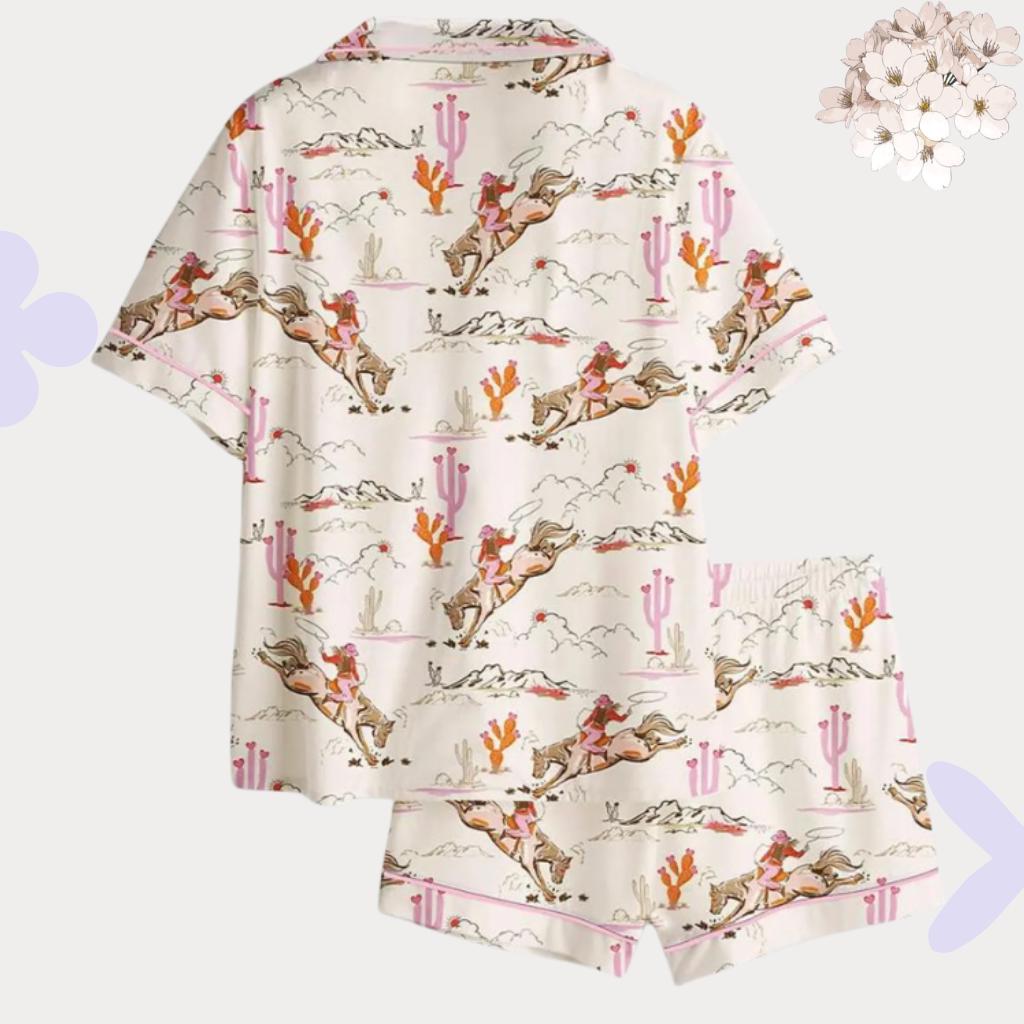 Western Pajamas – Pink Cactus Horse Sleepwear – Bridesmaid Proposal, Girls Trip Sleepover Pjs, Cowgirl Pjs
