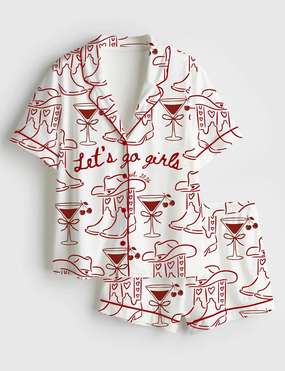 Lets Go Girls Country Pajamas, Cowgirl Bride Short Sleeve Satin Pjs, Western Bachelorette Sleepwear, Silky Nashville Bridal Party Gift