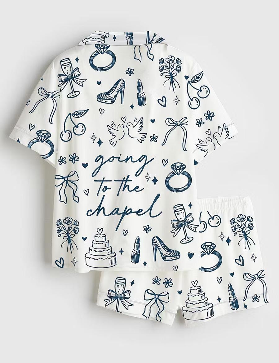 Going To The Chapel White Pajamas, Coquette Bow Bride Short Sleeve Satin Pjs, Bridal Party Wedding Sleepwear, Silky Bachelorette Lounge Gift