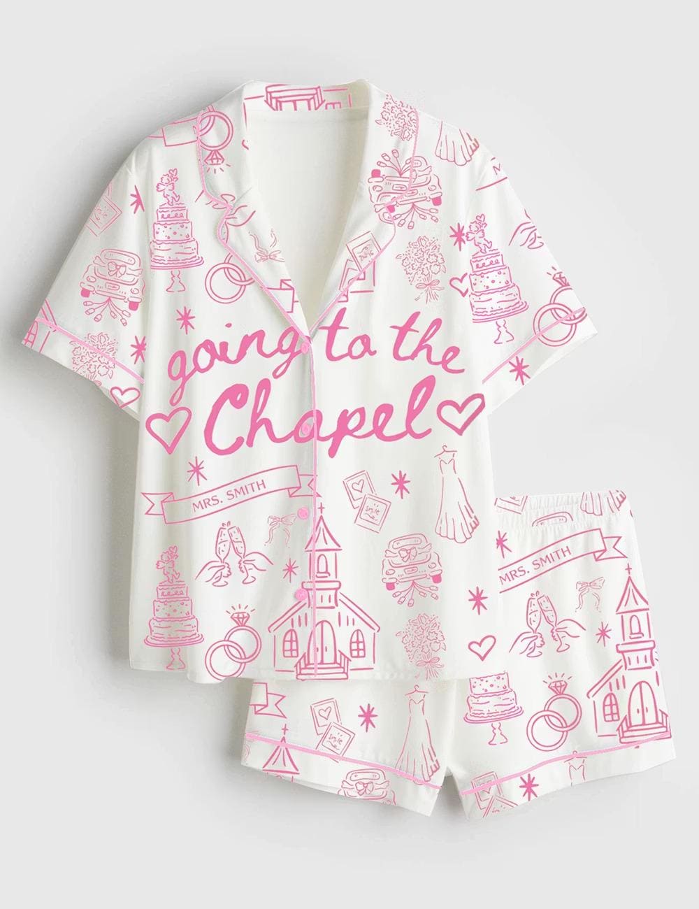 Going To The Chapel Pink Custom Name Pajamas, Coquette Bow Bride Satin Pjs, Gonna Get Married Sleepwear, Silky Bachelorette Lounge Gifts PJS