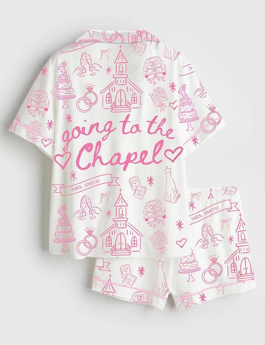 Going To The Chapel Pink Custom Name Pajamas, Coquette Bow Bride Satin Pjs, Gonna Get Married Sleepwear, Silky Bachelorette Lounge Gifts PJS