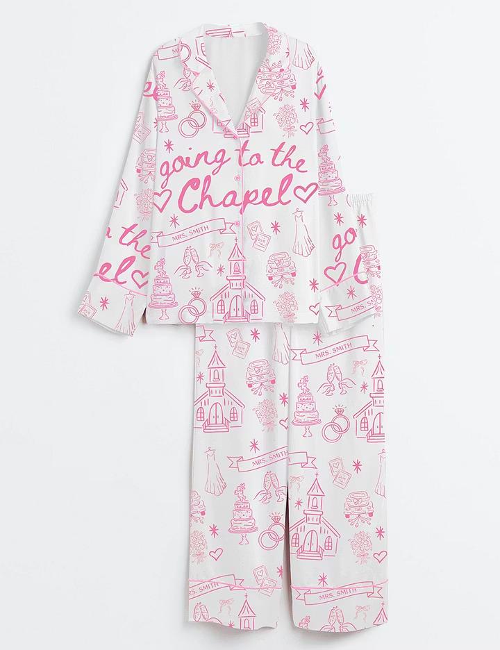 Going To The Chapel Pink Custom Name Pajamas, Coquette Bow Bride Satin Pjs, Gonna Get Married Sleepwear, Silky Bachelorette Lounge Gifts PJS