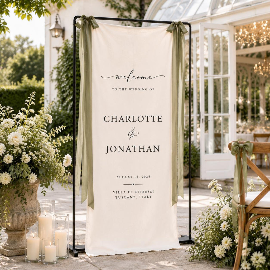 Personalized Fabric Wedding Welcome Sign, Custom Linen Wedding Banner, Modern Ceremony Entrance Decor, Wedding Name Date Sign