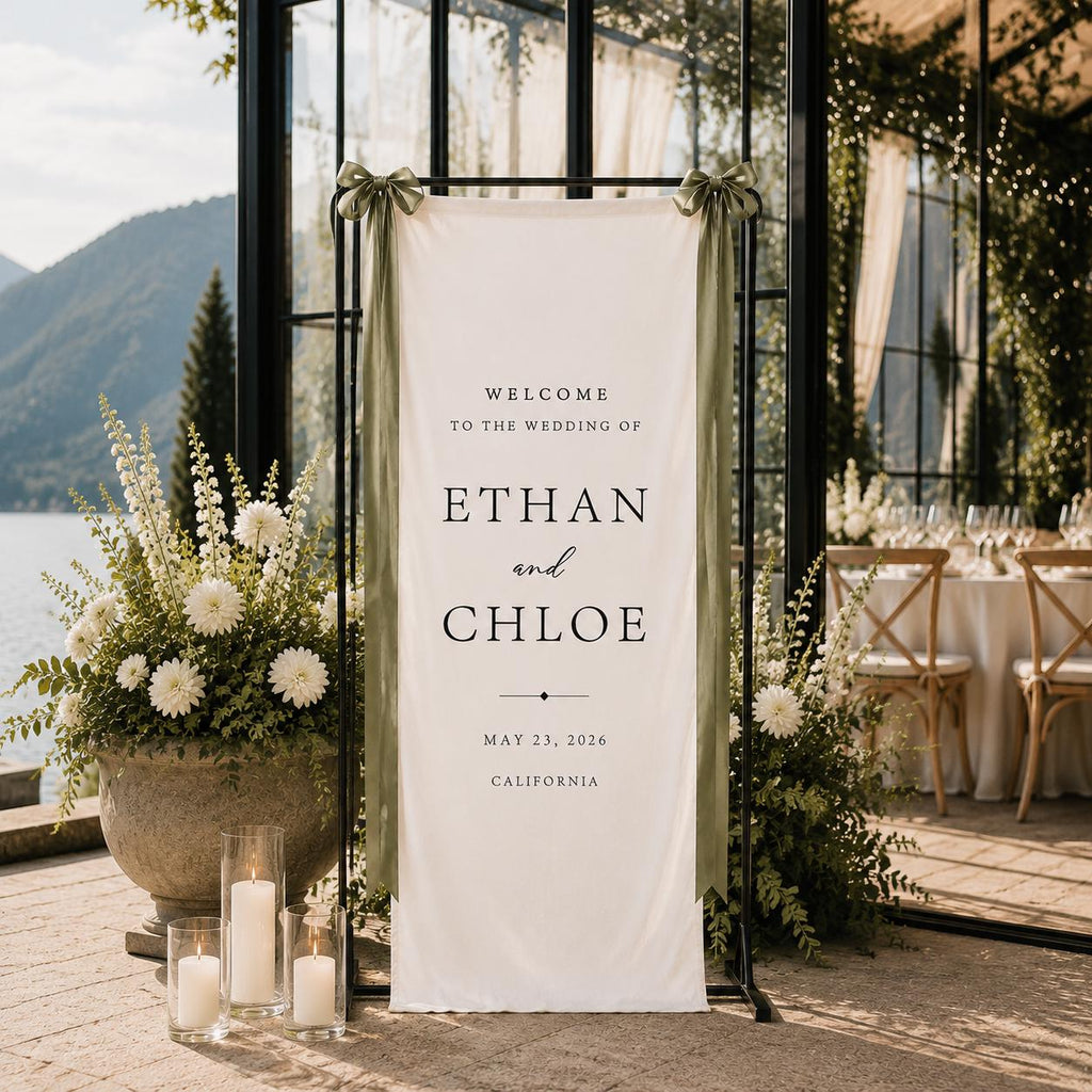 Personalized Linen Wedding Welcome Sign, Custom Fabric Wedding Banner, Modern Wedding Ceremony Sign, Elegant Name Date Reception Decor