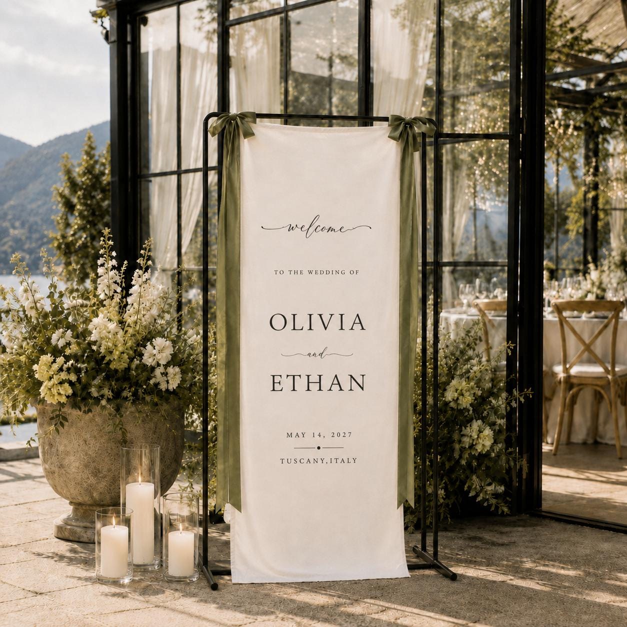 Personalized Linen Wedding Banner, Custom Fabric Welcome Sign, Modern Wedding Ceremony Decor, Elegant Reception Entrance Sign, Name Date