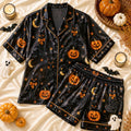 Black Cat Halloween Pajamas Set, Satin Jack O Lantern Sleepwear Set, Gothic Midnight Magic PJs, Spooky Gift Her