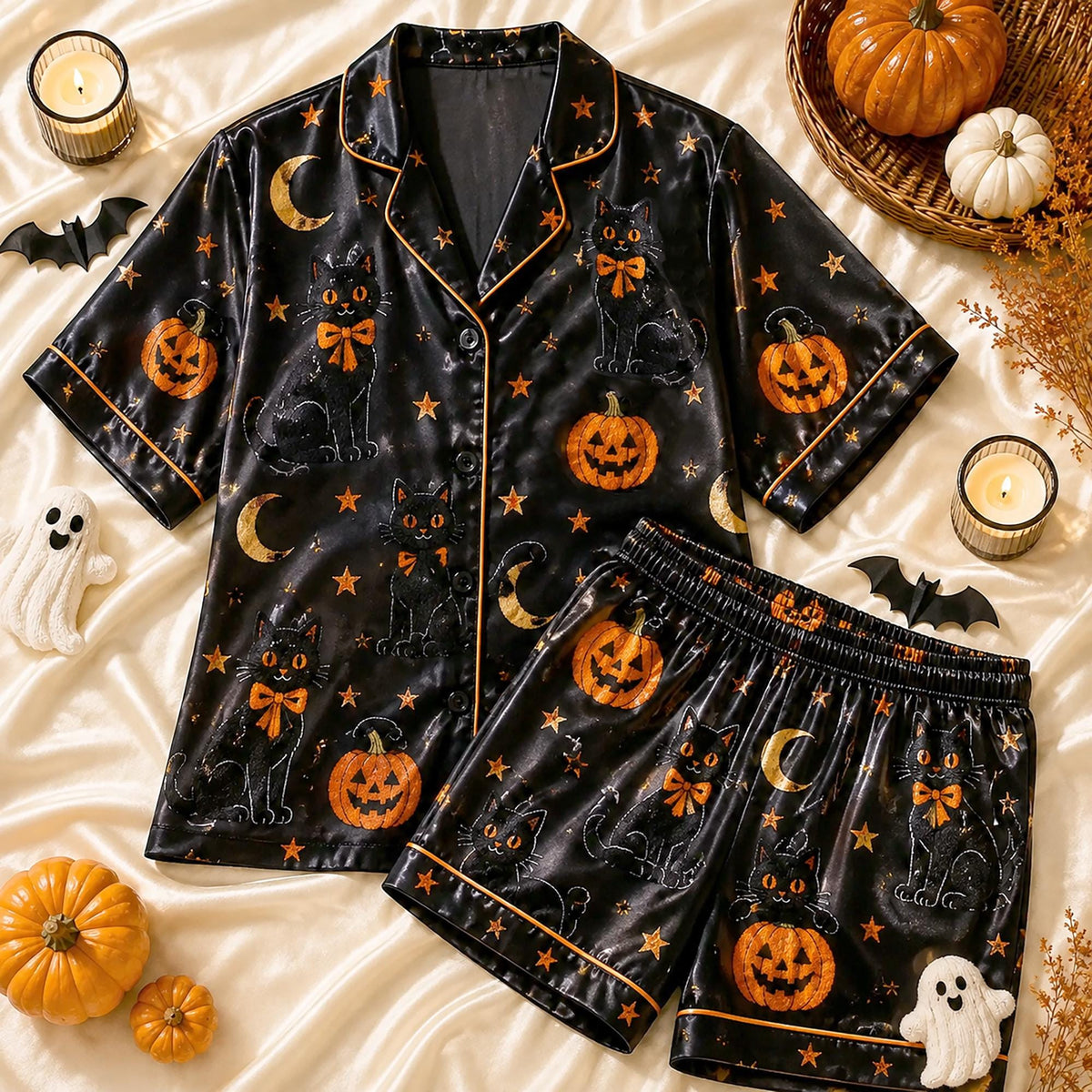Black Cat Halloween Pajamas Set, Satin Jack O Lantern Sleepwear Set, Gothic Midnight Magic PJs, Spooky Gift Her