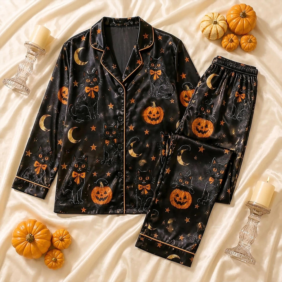Black Cat Halloween Pajamas Set, Satin Jack O Lantern Sleepwear Set, Gothic Midnight Magic PJs, Spooky Gift Her