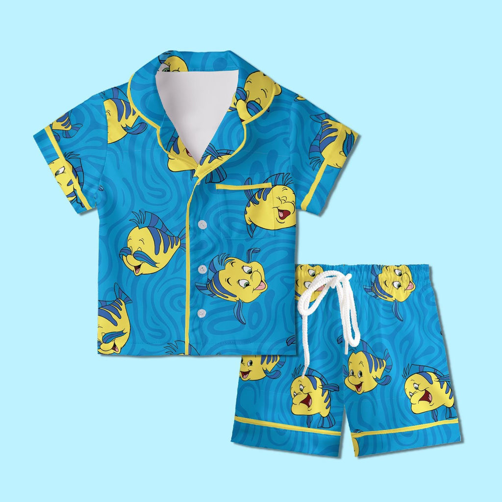 Flounder Little Mermaid Pajamas Satin, Little Mermaid Inspired Sleepwear, Tropical Fish Gift For Kid, Princess Ocean Slumber Party Pajamas