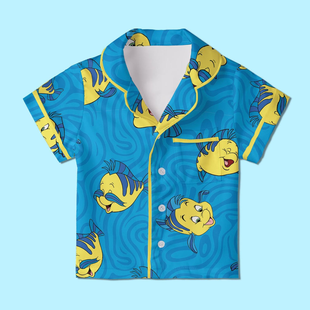 Flounder Little Mermaid Pajamas Satin, Little Mermaid Inspired Sleepwear, Tropical Fish Gift For Kid, Princess Ocean Slumber Party Pajamas
